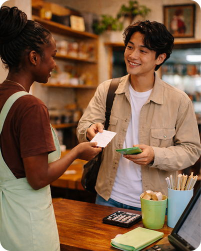Two people reviewing a receipt together