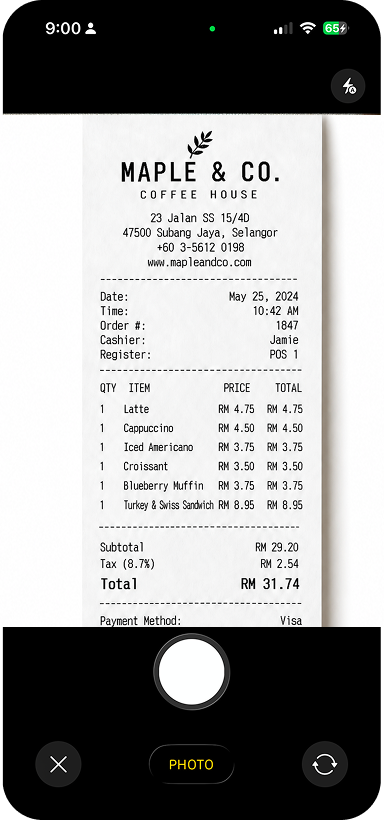 Kipkip receipt capture screen